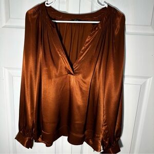 Rails Satin Copper Brown V-Neck Blouse